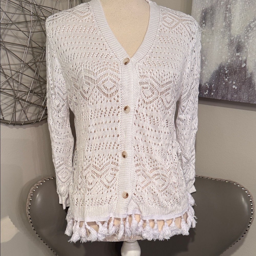 White v Neck Cardigan with Tassles size large